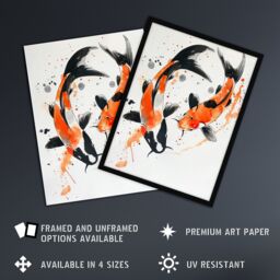 "Artery8 Two Koi Carp Japanese Fish Bright Watercolour Framed Wall Art in Orange - Size: W12"" x H16""" - thumbnail 2