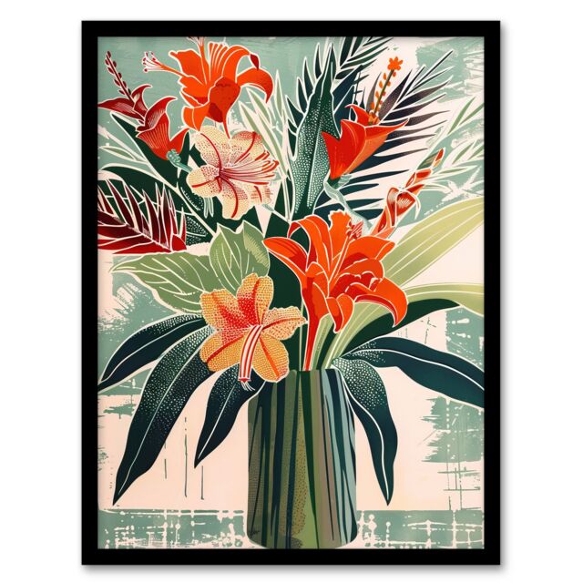 Artery8 Exotic Red Orange Lily Flower Vase Floral Spring Framed Art Print - Size: A4 - image 1