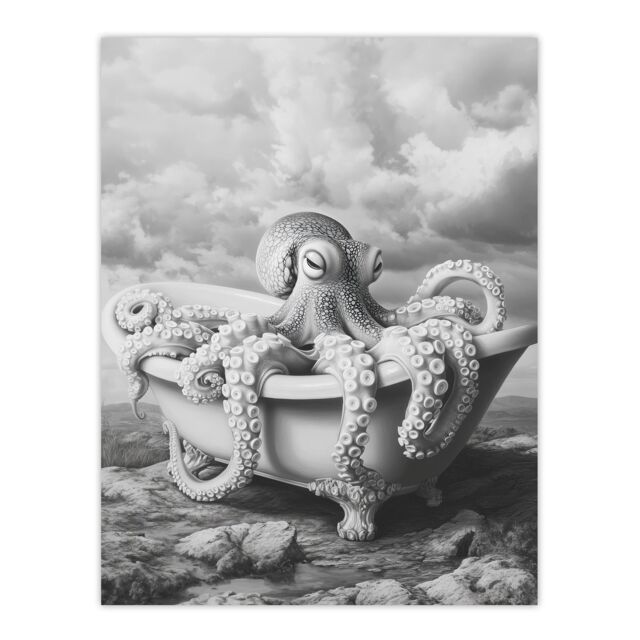 "Artery8 Giant Octopus Bathtub Black White Mountain Cliff Wall Art Print - Size: W24"" x H32""" - image 1