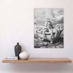"Artery8 Giant Octopus Bathtub Black White Mountain Cliff Wall Art Print - Size: W24"" x H32""" - thumbnail 4