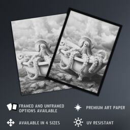 "Artery8 Giant Octopus Bathtub Black White Mountain Cliff Wall Art Print - Size: W24"" x H32""" - thumbnail 2