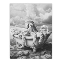 "Artery8 Giant Octopus Bathtub Black White Mountain Cliff Wall Art Print - Size: W24"" x H32""" - thumbnail 1