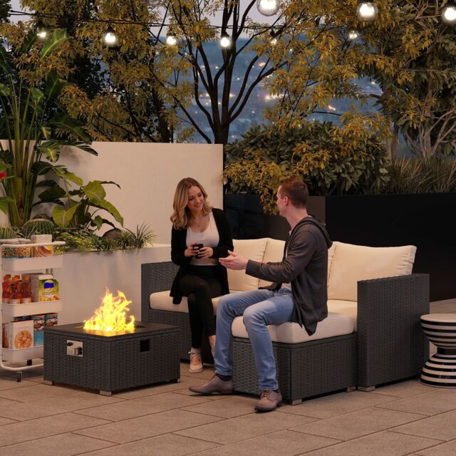 OUTSUNNY 4 Seater Rattan Sofa Set with Footstool Thick Cushions Black Cream - image 1