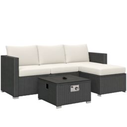 OUTSUNNY 4 Seater Rattan Sofa Set with Footstool Thick Cushions Black Cream - thumbnail 2