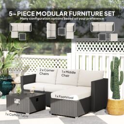 OUTSUNNY 4 Seater Rattan Sofa Set with Footstool Thick Cushions Black Cream - thumbnail 4