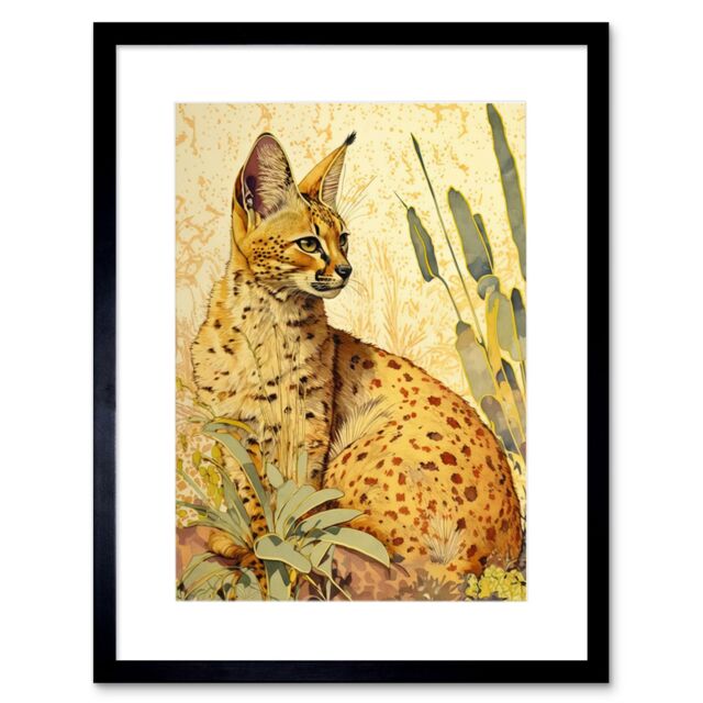 "Artery8 Wall Art Print Serval Cat in Nature Detailed Watercolour & Ink Bright Artwork Framed 9X7 Inch in Black - Size: W7"" x H9""" - image 1