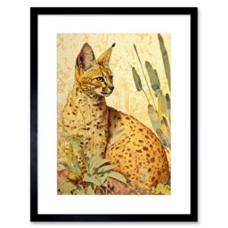 "Artery8 Wall Art Print Serval Cat in Nature Detailed Watercolour & Ink Bright Artwork Framed 9X7 Inch in Black - Size: W7"" x H9""" - thumbnail 1