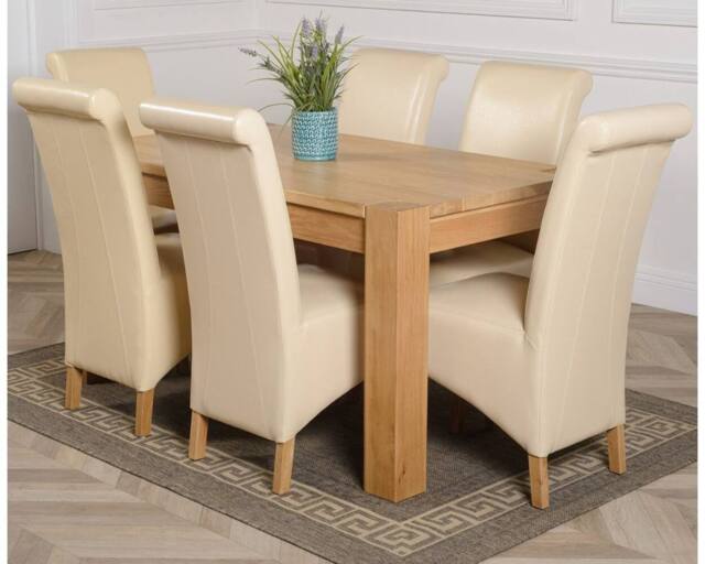 Thats Furniture Kuba 150 x 85cm Chunky Medium Oak Dining Table & 6 Montana Leather Chairs in Cream - Size: 150 x 85 cm - image 1