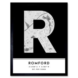 "Wee Blue Coo Wall Art Print Romford England United Kingdom City Map Modern Typography Stylish Letter Framed Word in Black - Size: W12"" x H16""" - thumbnail 1