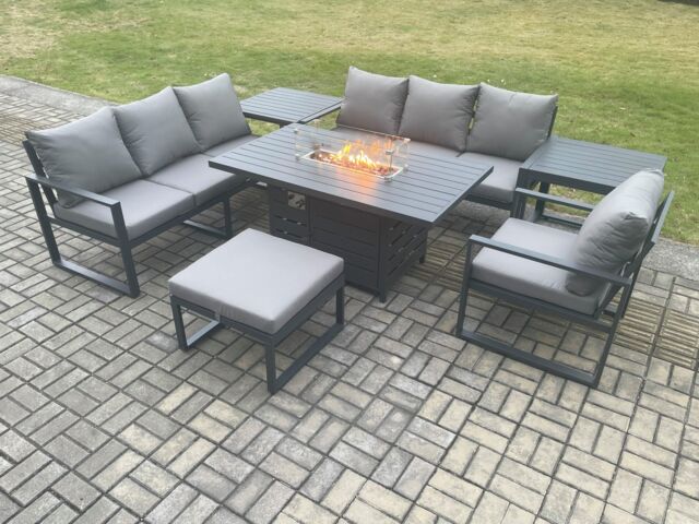 Fimous Aluminium 7 Pieces Garden Furniture Sofa Set with Cushions 8 Seater Gas Fire Pit Dining Table Set with 2 Side Tables Big Footstool in Dark Grey - image 1