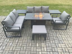 Fimous Aluminium 7 Pieces Garden Furniture Sofa Set with Cushions 8 Seater Gas Fire Pit Dining Table Set with 2 Side Tables Big Footstool in Dark Grey - thumbnail 2