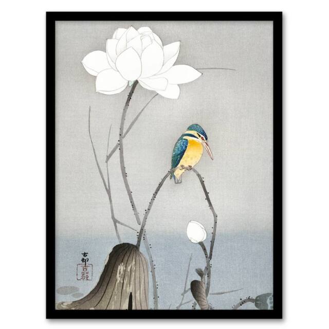 Artery8 Ohara Koson Framed Wall Art Print Kingfisher With Lotus Flower in Grey - Size: A4 - image 1