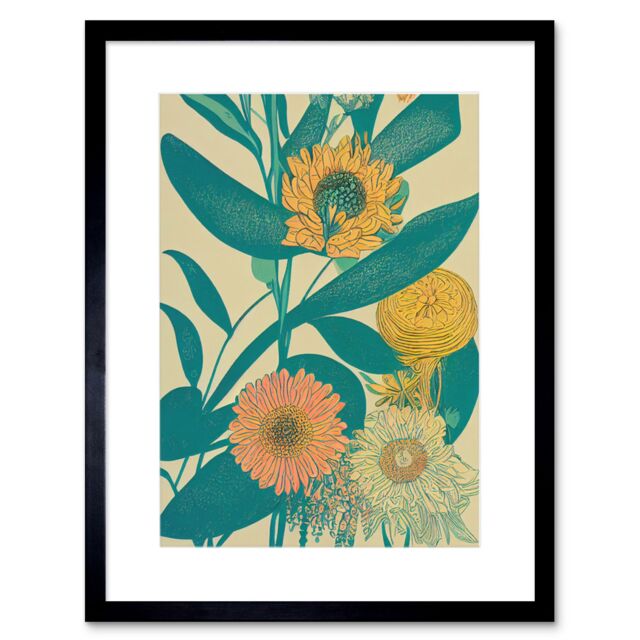 "Artery8 Wall Art Print Marigold Daisy Flowers Turquoise Leaves Bright Colourful Abstract Artwork Framed 9X7 Inch in Black - Size: W7"" x H9""" - image 1