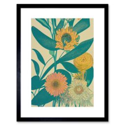 "Artery8 Wall Art Print Marigold Daisy Flowers Turquoise Leaves Bright Colourful Abstract Artwork Framed 9X7 Inch in Black - Size: W7"" x H9""" - thumbnail 1