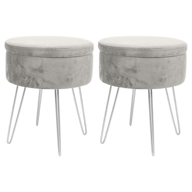 Harbour Housewares Round Velvet Storage Footstools - H45 x D36cm - Silver Legs - Pack of 2 in Grey - image 1
