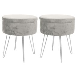 Harbour Housewares Round Velvet Storage Footstools - H45 x D36cm - Silver Legs - Pack of 2 in Grey - thumbnail 1