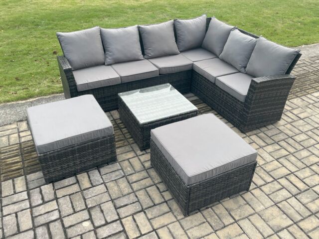 Fimous 8 Seater Wicker PE Outdoor Garden Furniture Set High Back Rattan Corner Sofa Set with 2 Big Footstool Square Coffee Table in Dark Grey - image 1