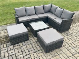 Fimous 8 Seater Wicker PE Outdoor Garden Furniture Set High Back Rattan Corner Sofa Set with 2 Big Footstool Square Coffee Table in Dark Grey - thumbnail 1