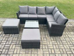 Fimous 8 Seater Wicker PE Outdoor Garden Furniture Set High Back Rattan Corner Sofa Set with 2 Big Footstool Square Coffee Table in Dark Grey - thumbnail 2