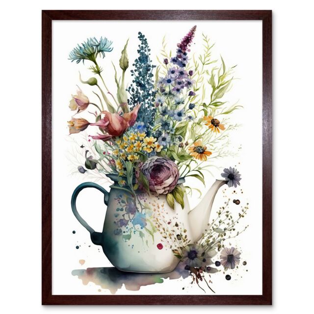 "Artery8 Wall Art Print Spring Wildflower Floral Bouquet in a Teapot Vase Art Framed in Brown - Size: W12"" x H16""" - image 1