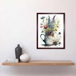 "Artery8 Wall Art Print Spring Wildflower Floral Bouquet in a Teapot Vase Art Framed in Brown - Size: W12"" x H16""" - thumbnail 2