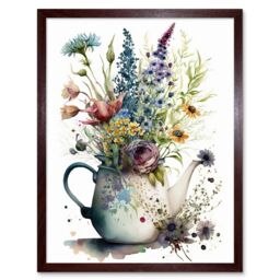"Artery8 Wall Art Print Spring Wildflower Floral Bouquet in a Teapot Vase Art Framed in Brown - Size: W12"" x H16""" - thumbnail 1