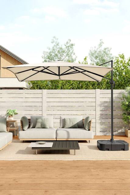 Living and Home 3m W x 3m D Large Square Canopy Rotating Outdoor Cantilever Parasol with Plastic Base in Beige - image 1