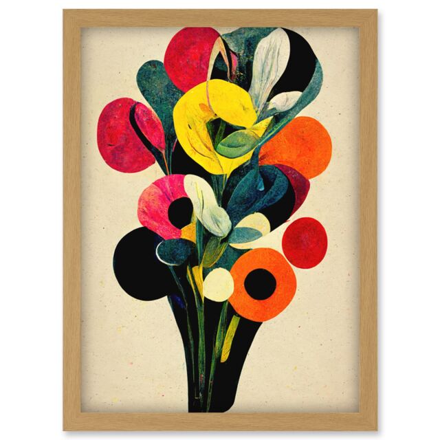 Artery8 Kandinsky Inspired Abstract Multicolour Flower Bouquet Artwork Framed Wall Art Print A4 in Light Oak - image 1
