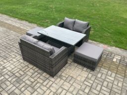 Fimous Outdoor Rattan Furniture Garden Dining Set Height Adjustable Rising lifting Table Love Sofa Set in Dark Grey - thumbnail 2