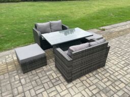 Fimous Outdoor Rattan Furniture Garden Dining Set Height Adjustable Rising lifting Table Love Sofa Set in Dark Grey - thumbnail 1