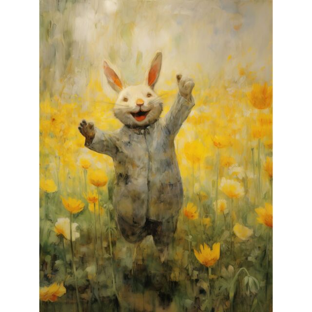 "Artery8 Wall Art Print Tulips & Rabbit Watercolour Fun Kids Baby Nursery Artwork Poster in Yellow - Size: W18"" x H24""" - image 1