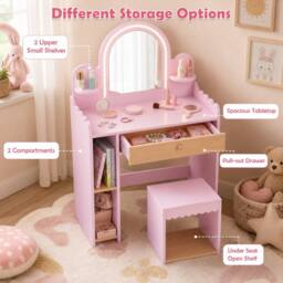 CASART Kids Vanity with Lights Pretend Makeup Dressing Table Set in Pink - thumbnail 8