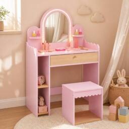 CASART Kids Vanity with Lights Pretend Makeup Dressing Table Set in Pink - thumbnail 5