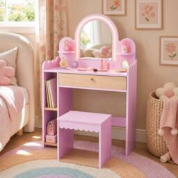 CASART Kids Vanity with Lights Pretend Makeup Dressing Table Set in Pink - thumbnail 4