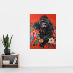 "Artery8 Gorilla in Bright Flowers Painting Red Animal Wall Art Print - Size: W18"" x H24""" - thumbnail 4