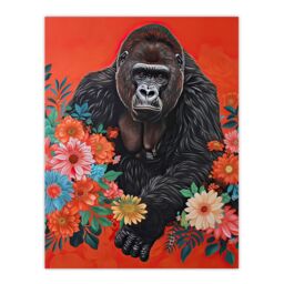 "Artery8 Gorilla in Bright Flowers Painting Red Animal Wall Art Print - Size: W18"" x H24""" - thumbnail 1