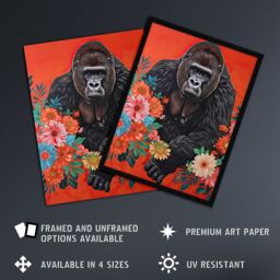 "Artery8 Gorilla in Bright Flowers Painting Red Animal Wall Art Print - Size: W18"" x H24""" - thumbnail 2