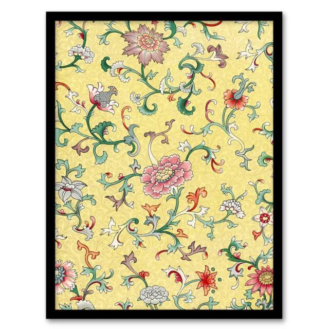 Artery8 Owen Jones Vintage Chinese Flower Pattern Framed Wall Art Print in Yellow - Size: A4 - image 1