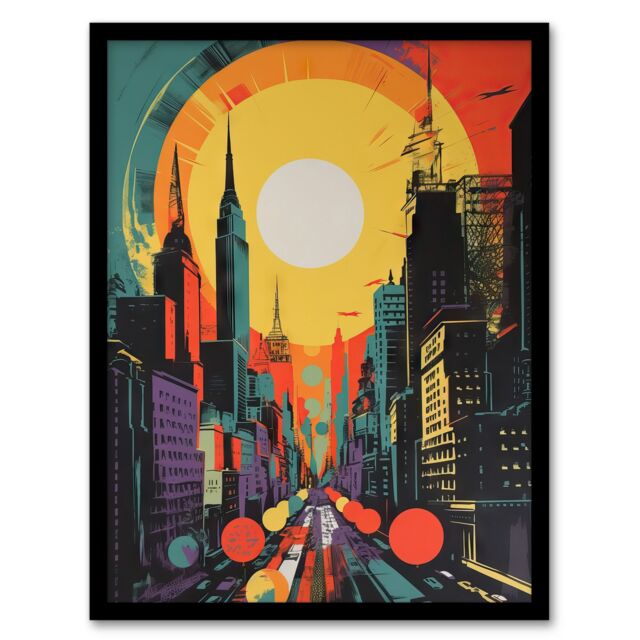 Artery8 Wall Art Print Wall Street New York City Retro Sunrise Cityscape 60's Style Abstract USA Vibrant Bold Bright Colourful Painting Art Framed - image 1