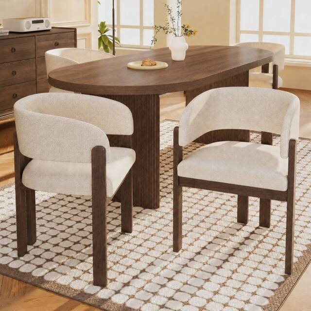 Rolipo Set of 4 Solid Wood Dining Chairs in Walnut with Beige Boucle in Brown - image 1