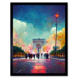 "Artery8 Wall Art Print Colourful Champs-Elysees & Arc De Triomphe Modern Art Framed in Black - Size: W12"" x H16""" - thumbnail 1