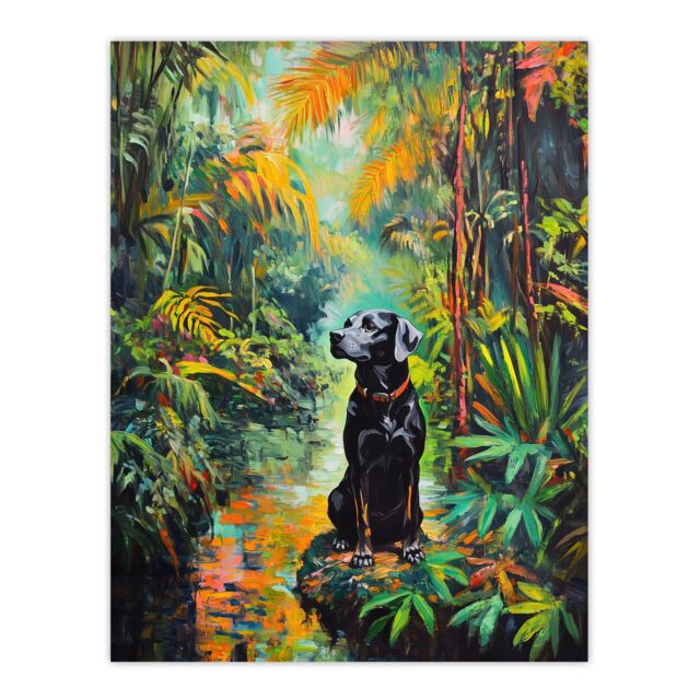 "Artery8 Dog Lover Black Labrador Pet In Lush Forest Wall Art Print in Green - Size: W18"" x H24""" - image 1