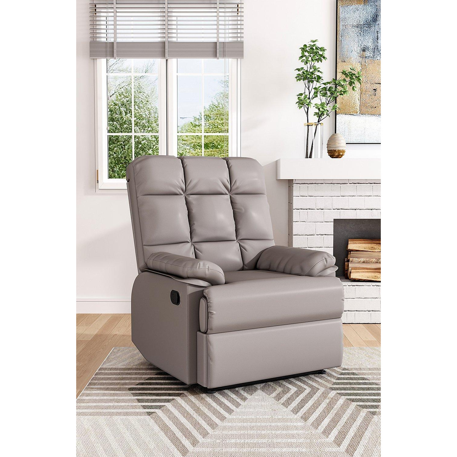 Khaki Checkered Faux Leather Upholstered Recliner Armchair - image 1