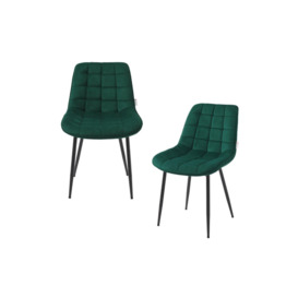 2 Pcs Green Velvet Grid Upholstered Dining Chairs with Metal Legs