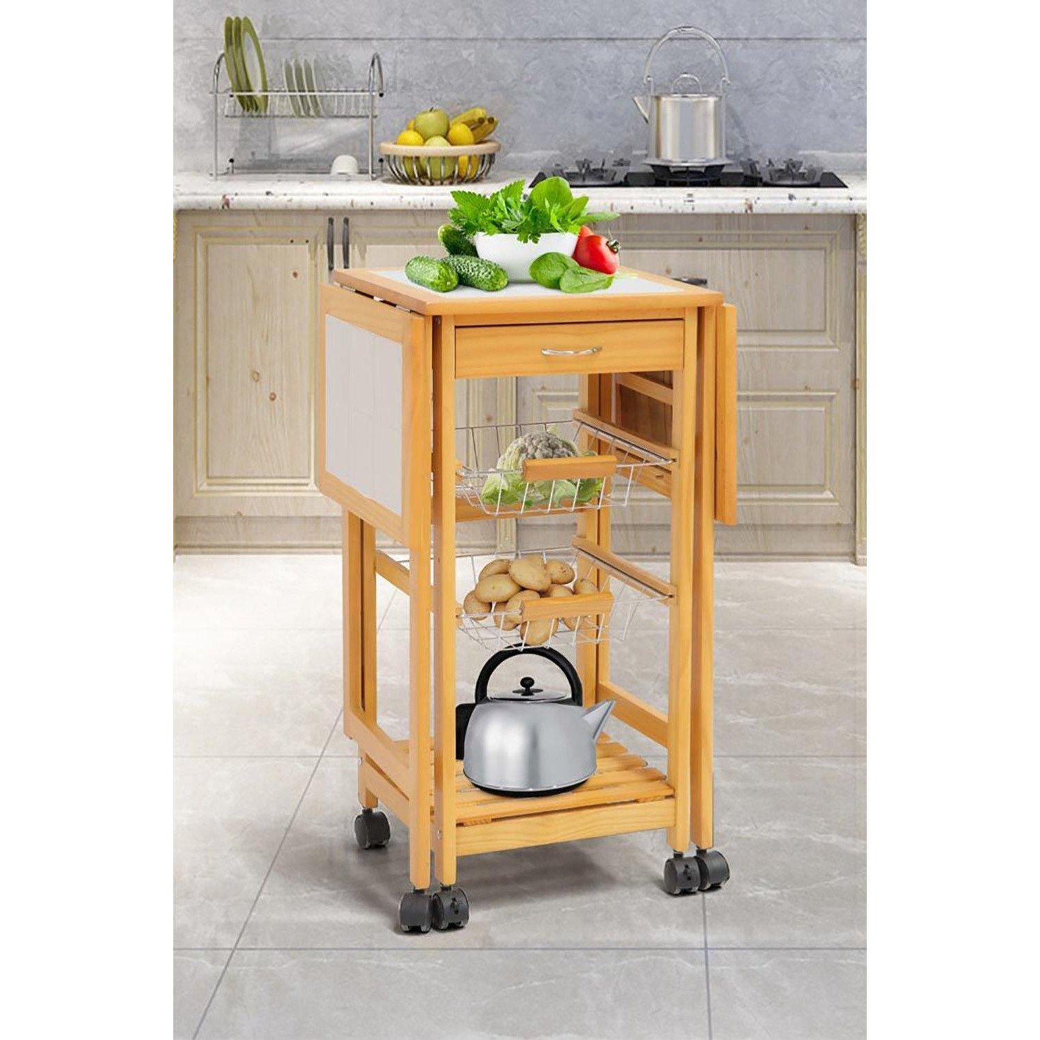 Ceramic Tile Top Pine Kitchen Trolley Foldable Dining Table - image 1