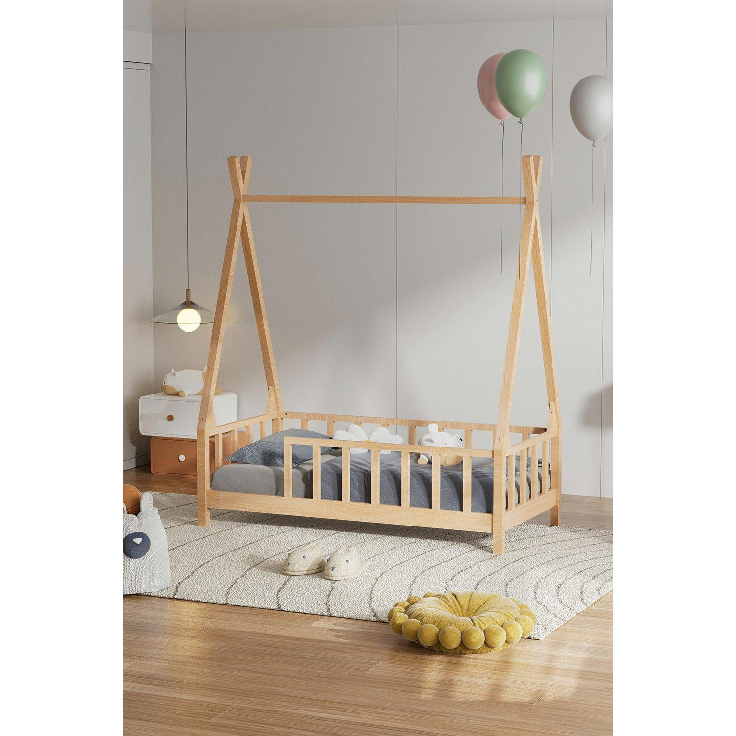 Natural Color Kid's Premium Wood House Bed Frame with Fence - image 1