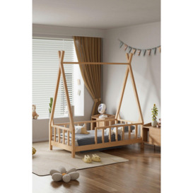 Natural Color Kid's Premium Wood House Bed Frame with Fence - thumbnail 2