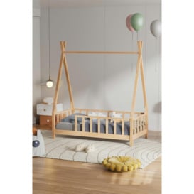 Natural Color Kid's Premium Wood House Bed Frame with Fence