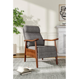 Grey Manual Recliner with Walnut Colored Wooden Armrests