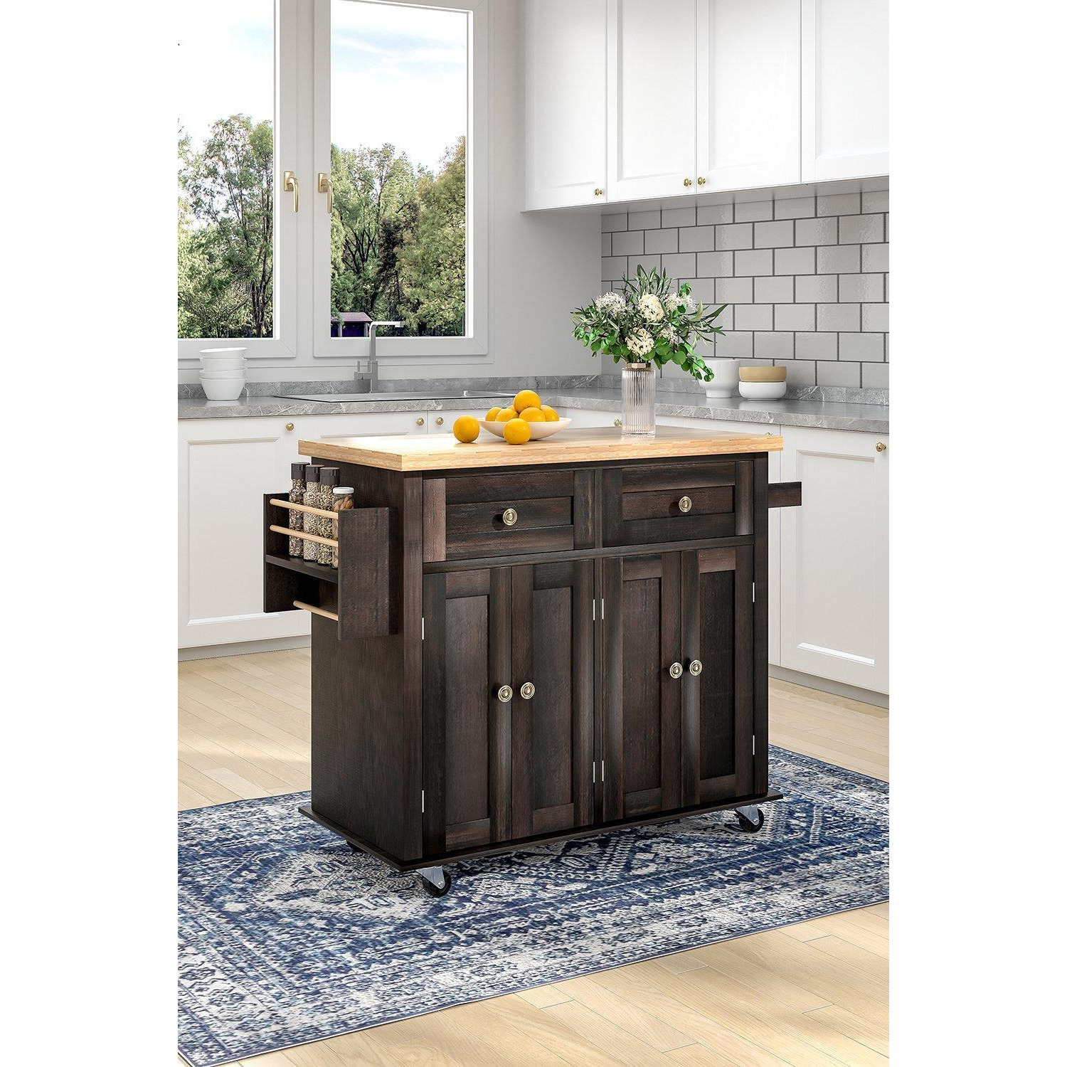 Modern Rolling Wooden Kitchen Island Cart with Storage Cabinets - image 1